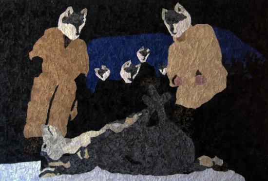 03. Alice ASSOULINE - Scène de chasse au loup - collage - 100 x 180 cm - (...)